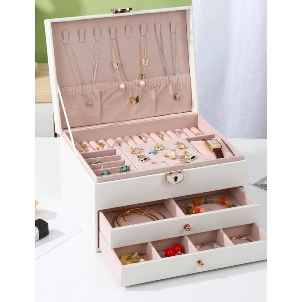 NWT Gorgeous White Pu Leather Wood Jewelry Drawers Organizer 3 Tier Wooden Case